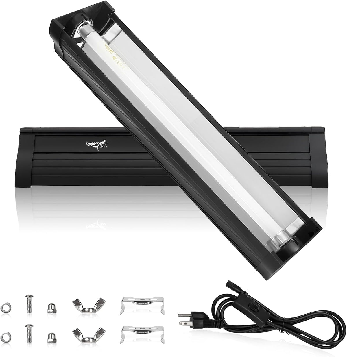 Hygger Zoo T5 HO UVB reptile light fixture front view showing the twelve inch black terrarium hood assembly.