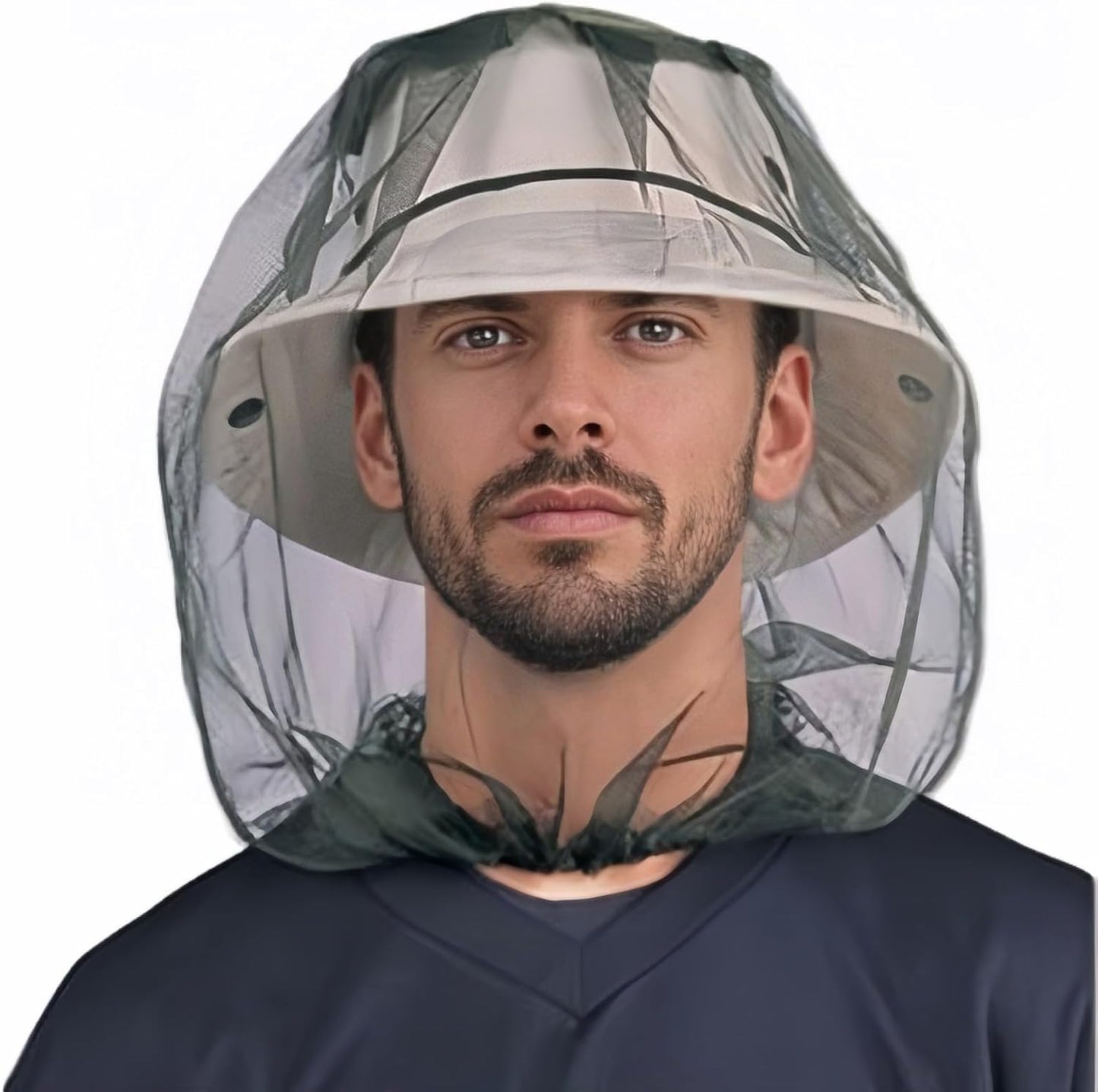 Chinshwehaw outdoor mosquito head net worn over a hat front view