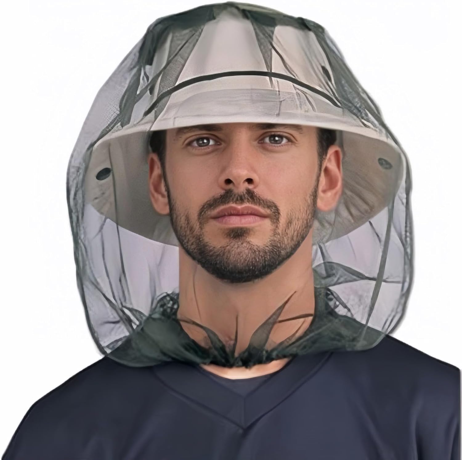 Chinshwehaw outdoor mosquito head net worn over a hat front view