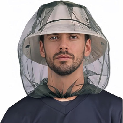 Chinshwehaw outdoor mosquito head net worn over a hat front view