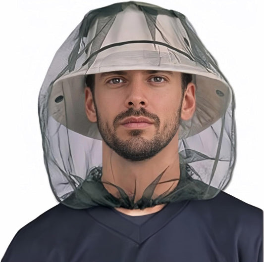 Chinshwehaw outdoor mosquito head net worn over a hat front view