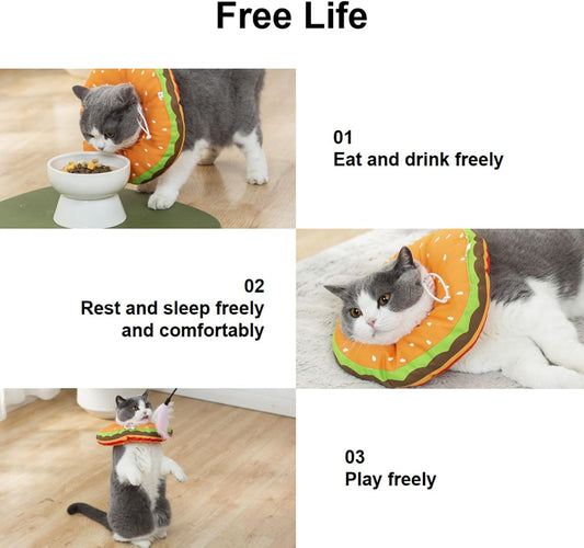 Soft adjustable kitten recovery collar in hamburger design for surgical healing