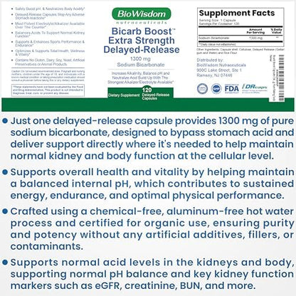 Authentic USA imported BioWisdom Bicarb Boost 120 capsules bottle displaying manufacturer details and product freshness seals