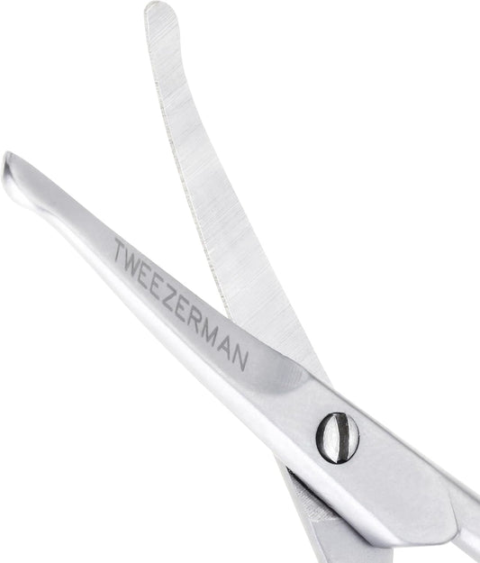 Tweezerman pet trimming shears highlighting the rounded safety tips for dog grooming.