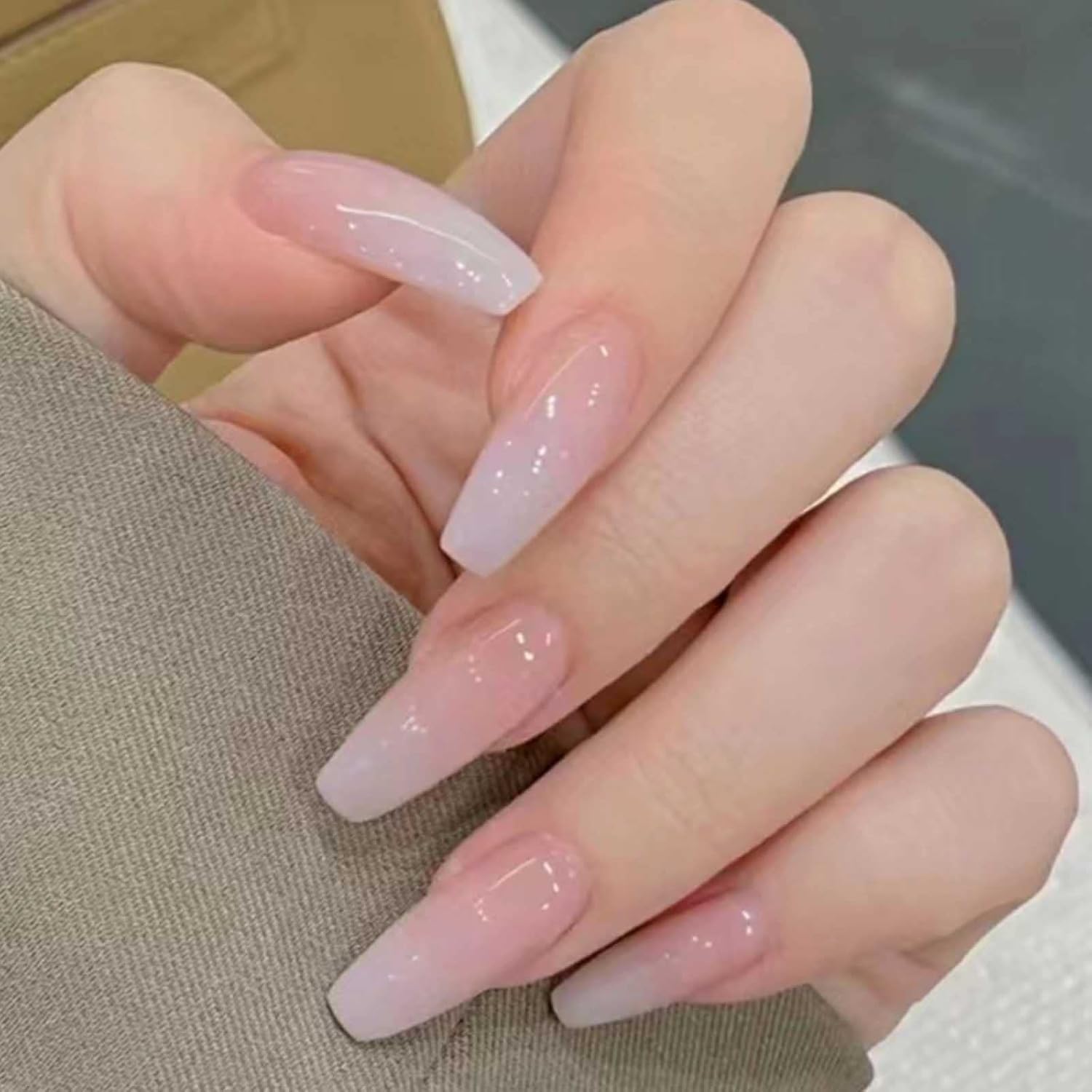 Danmanr long square French ombre press on nails front view