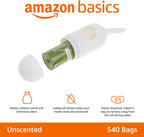 Amazon Basics unscented waste bags pack with white plastic dispenser and leash clip