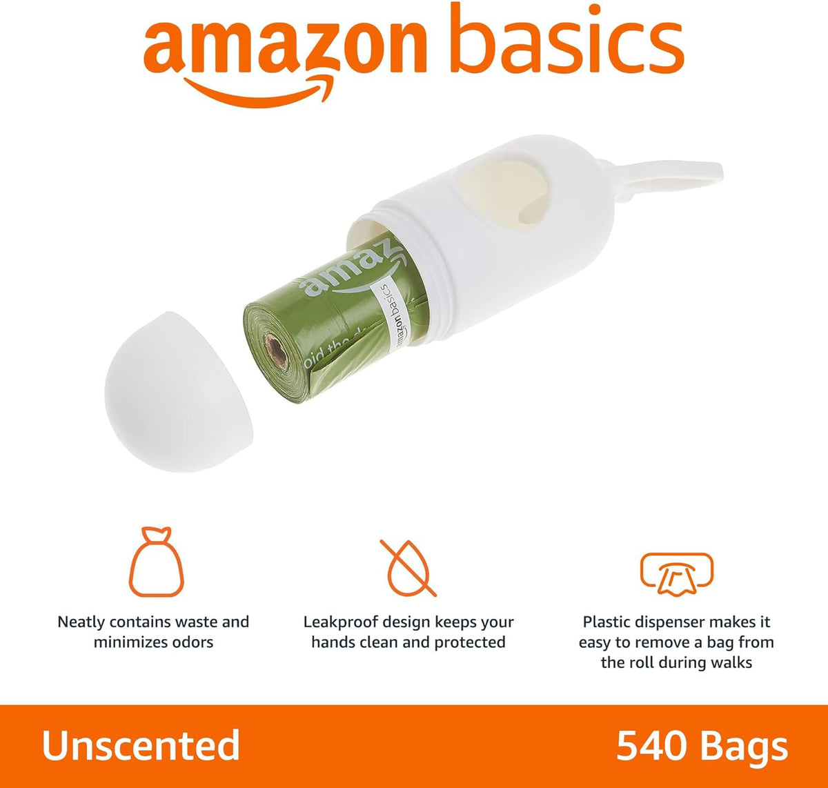 Amazon Basics unscented waste bags pack with white plastic dispenser and leash clip