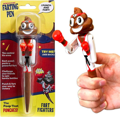 Kamhi World Farting Poop Pen with Punching Arms Karate variant front view showing the emoji topper with boxing gloves.