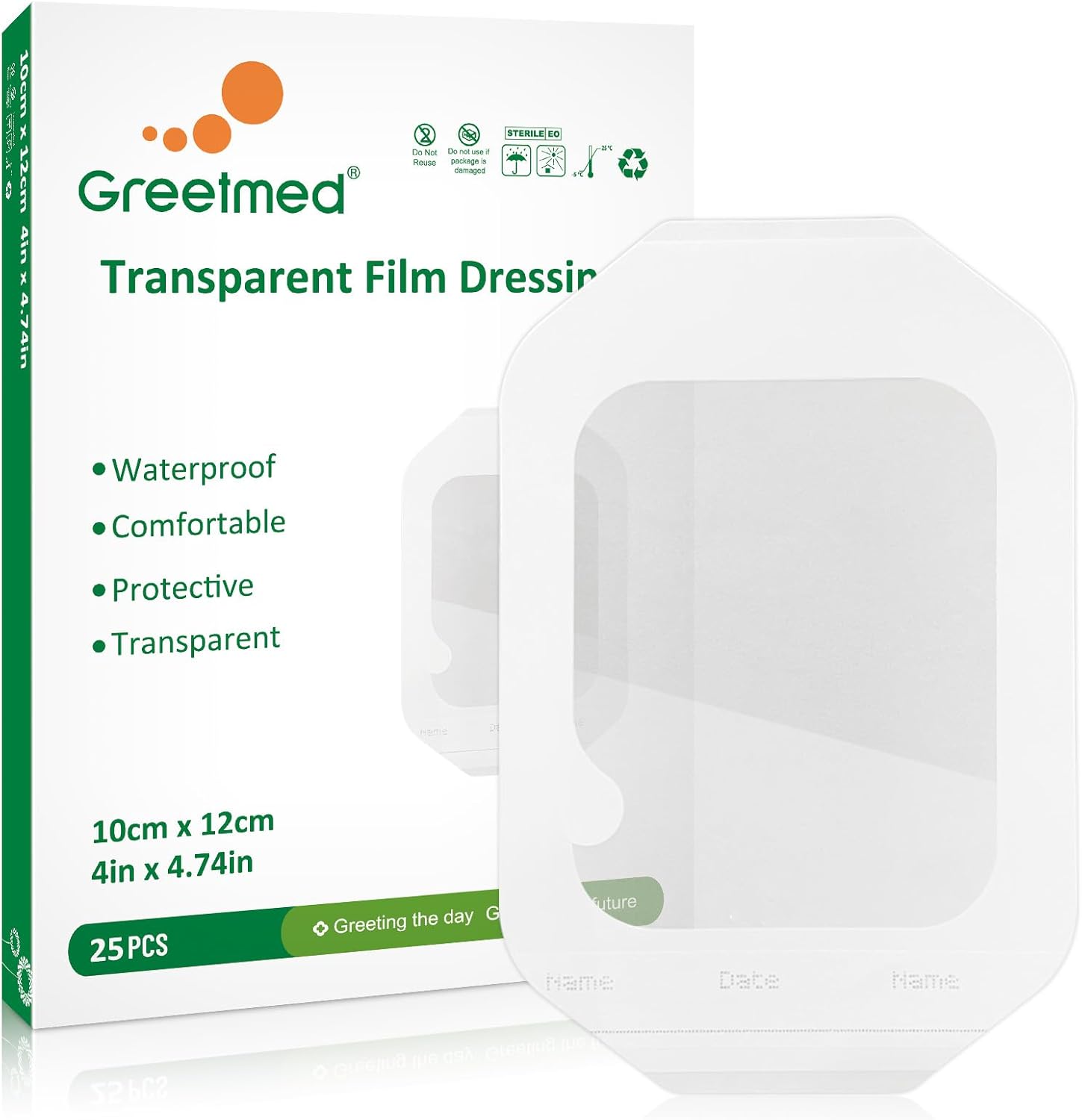 Greetmed transparent film dressing 25 pack front view packaging