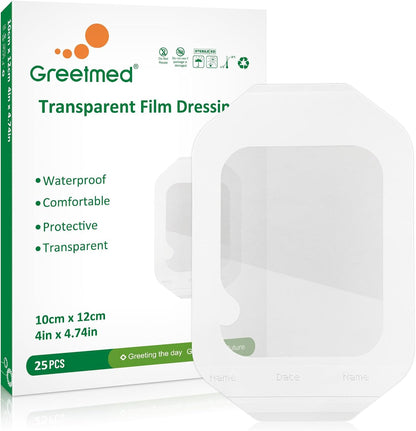 Greetmed transparent film dressing 25 pack front view packaging