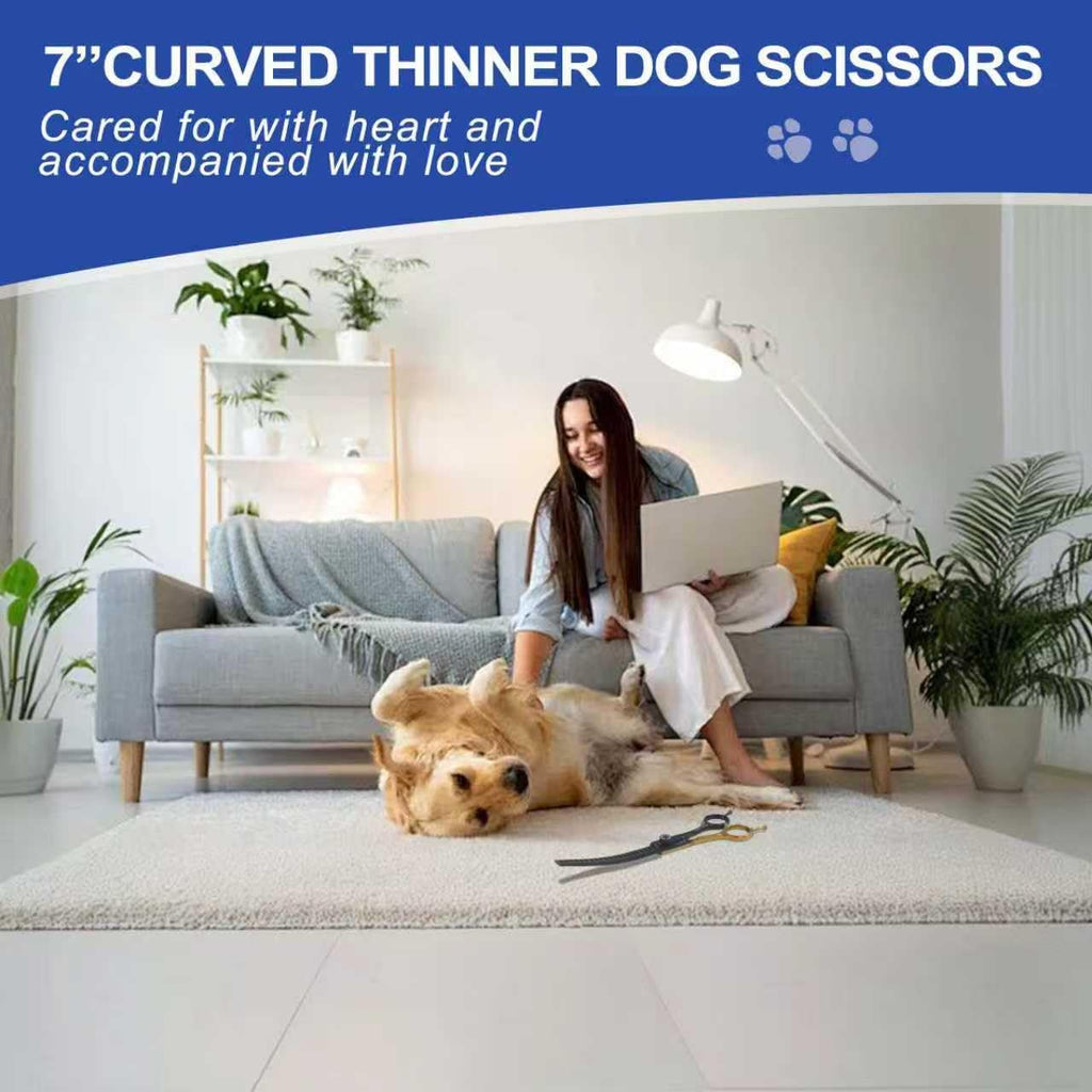 Ergonomic pet grooming scissors designed to reduce hand fatigue during extended grooming sessions.