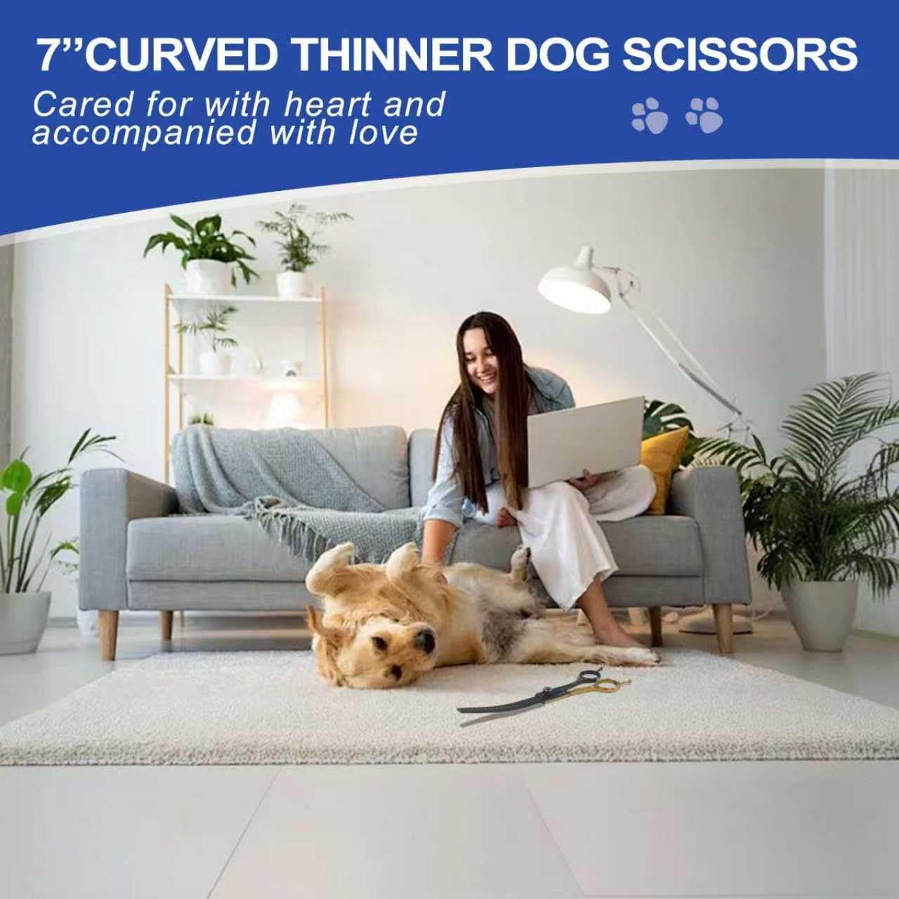 Ergonomic pet grooming scissors designed to reduce hand fatigue during extended grooming sessions.
