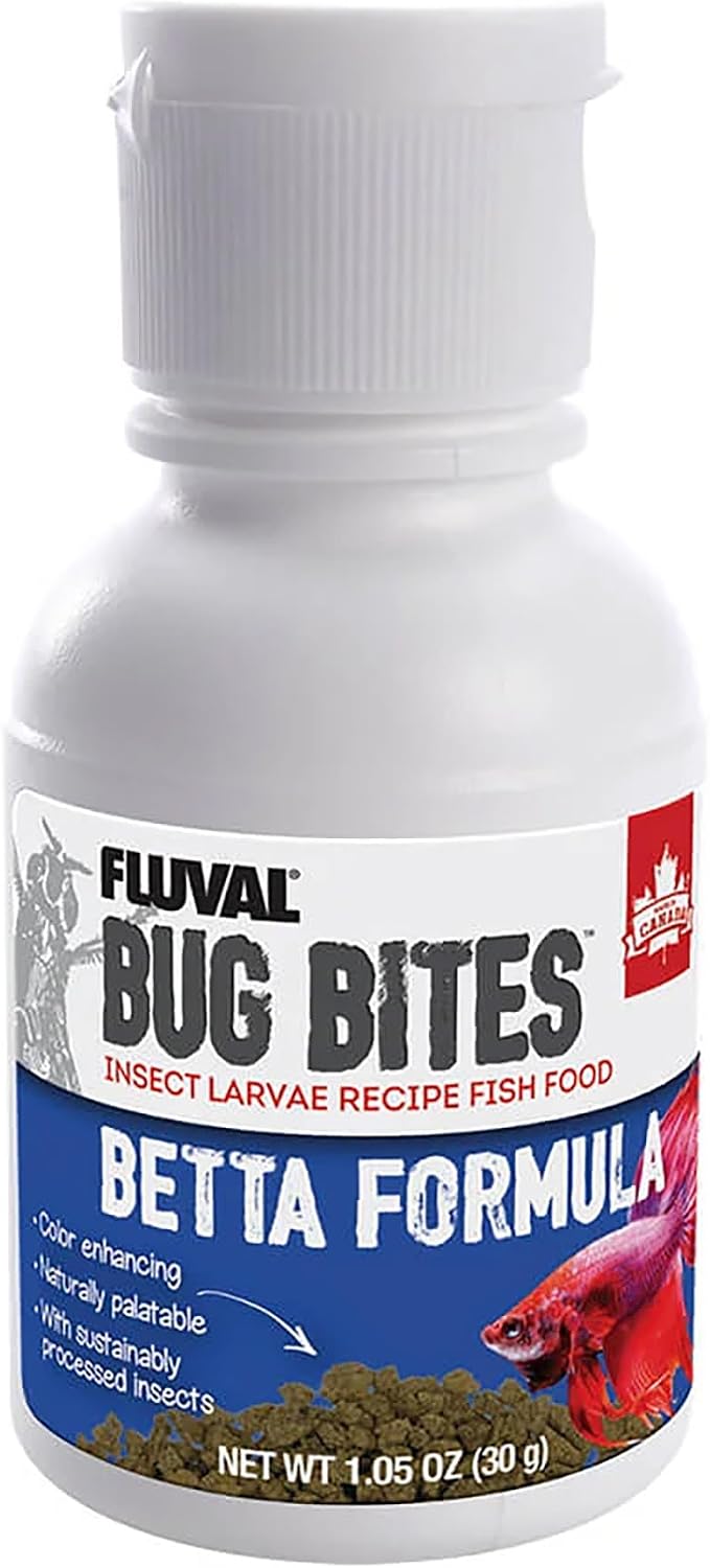 Fluval Bug Bites Betta Fish Food container front view showcasing insect larvae formula.