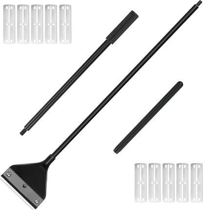 Complete aquarium cleaning kit displaying long handle scraper and ten extra blades.