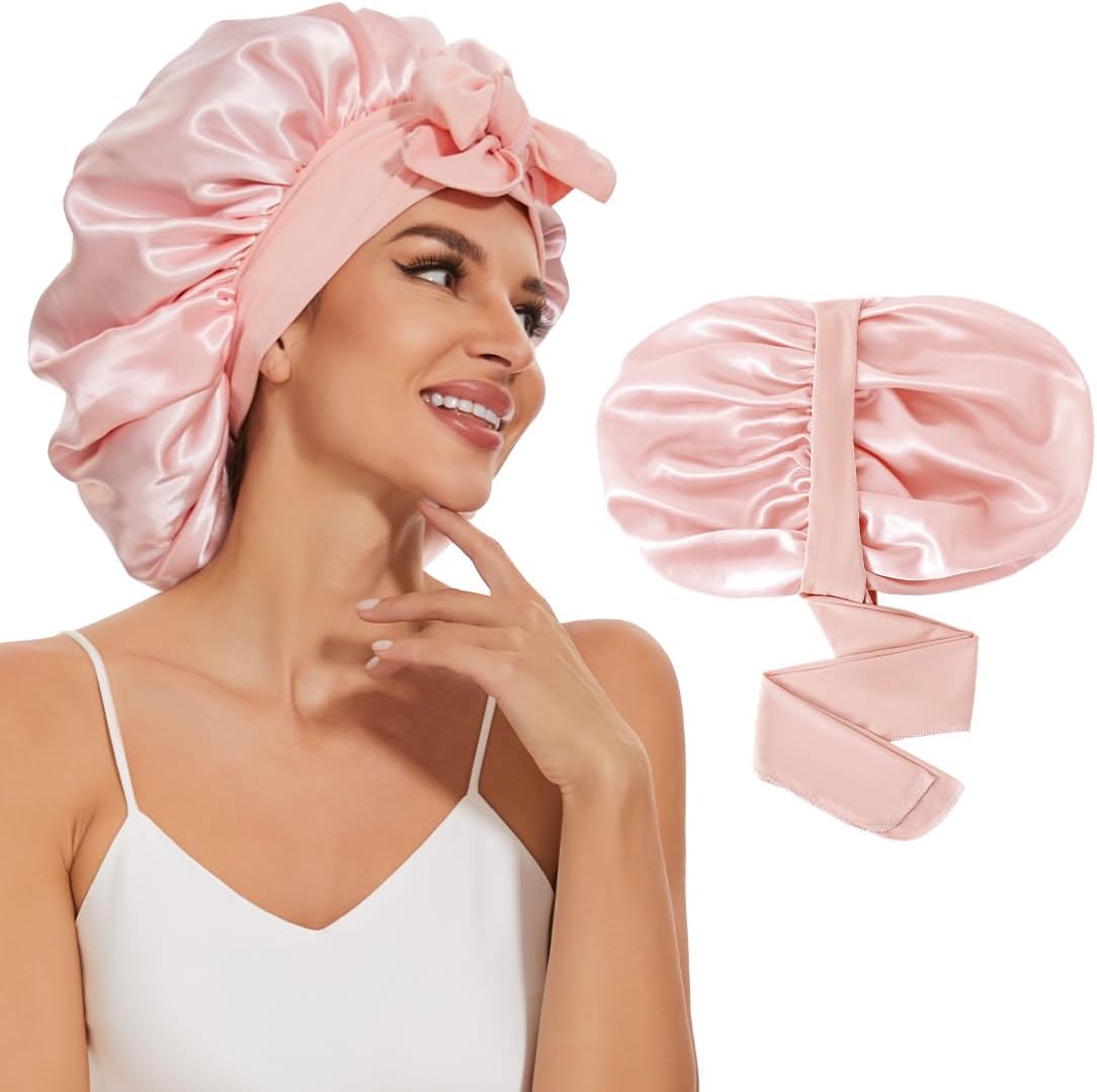 BE BIGEDDIE large satin hair bonnet for sleeping front view showing sakura pink fabric
