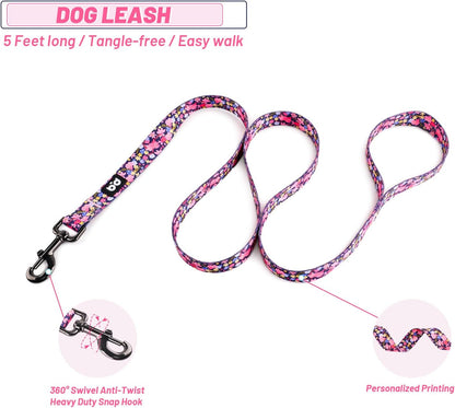 Model wearing QQPETS floral dog harness and matching leash