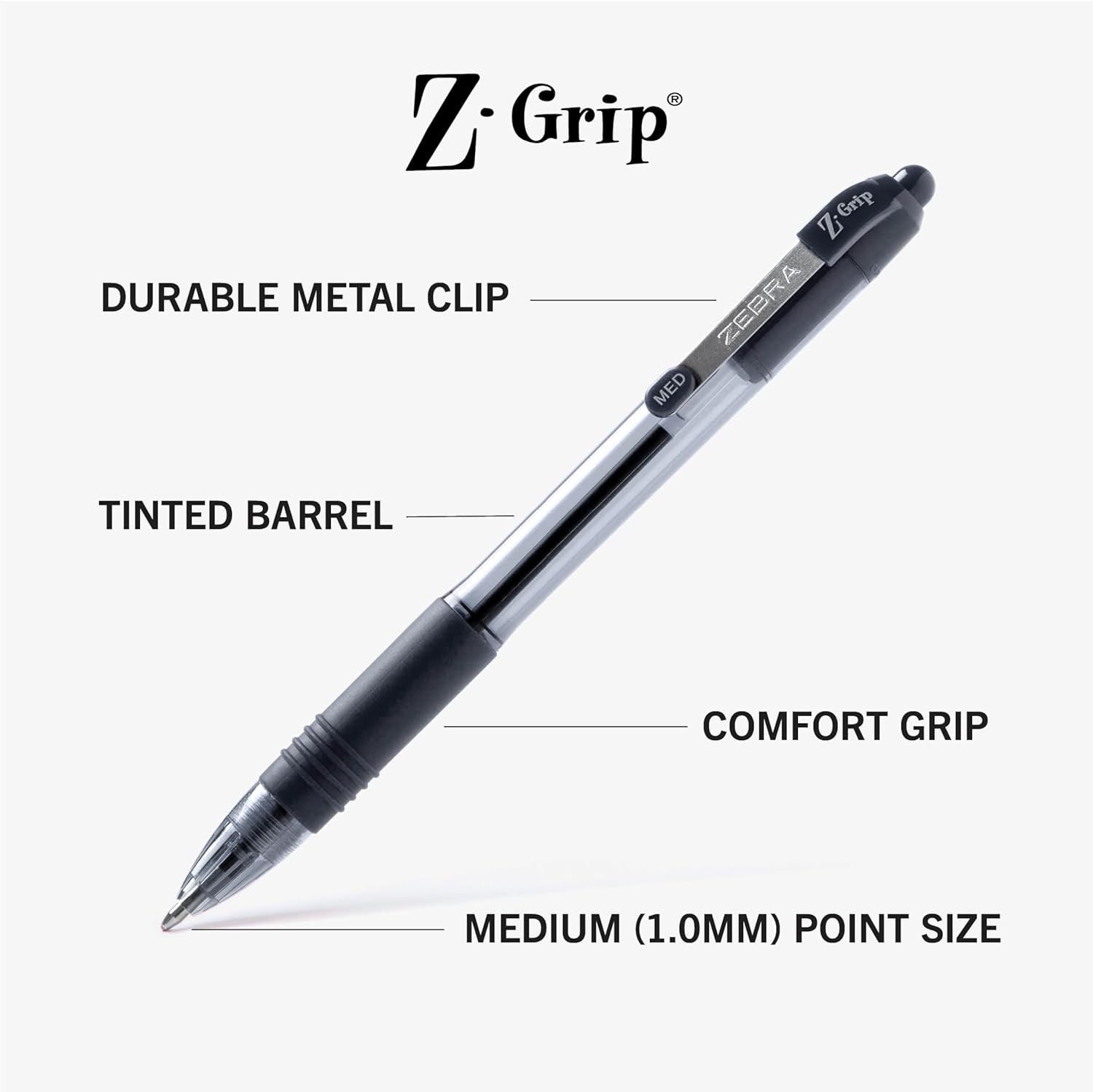 Zebra Pen 1.0mm medium point retractable pen showing the durable metal pocket clip