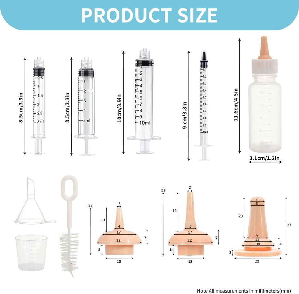 Close up view of the graduated fifty cubic centimeter plastic pet nursing bottle showing clear scale markings.