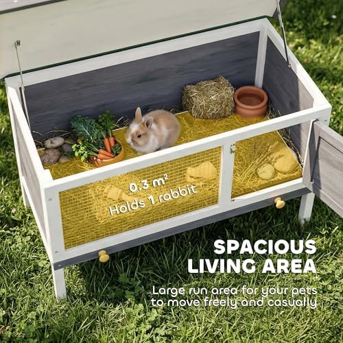 PawHut Outdoor Rabbit Hutch, Wooden Bunny Cage with Openable Roof and Pull-Out Tray, Elevated Guinea Pig Cage for Rabbits, Chinchillas and Small Animals, Indoor Outdoor Use, Gray - Image 4