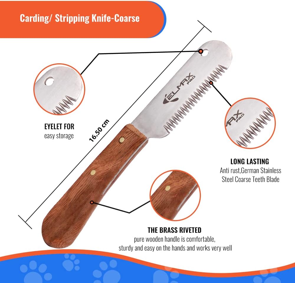 Elmax Pro six piece professional dog stripping knife set arranged neatly inside the included fabric pouch