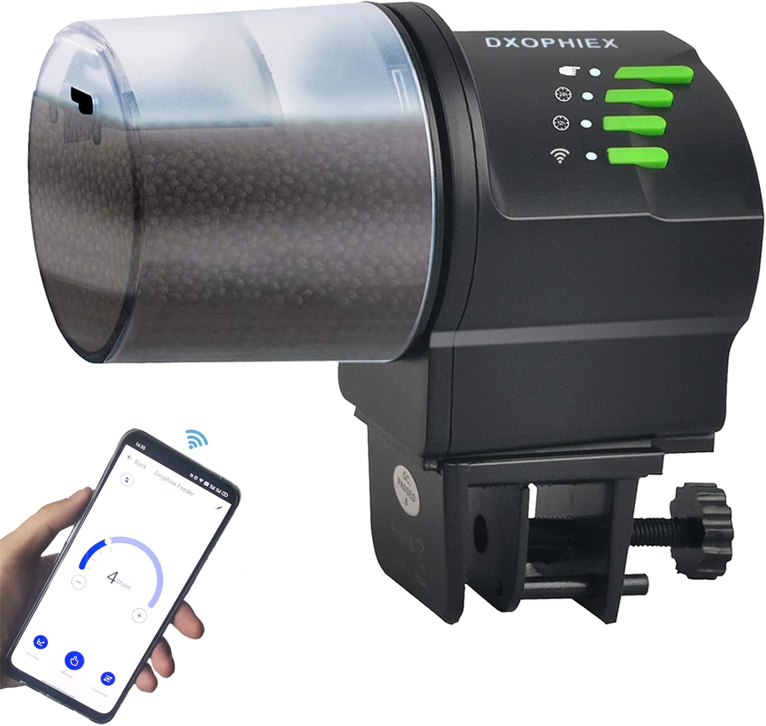 DXOPHIEX programmable fish dispenser showing control panel close up