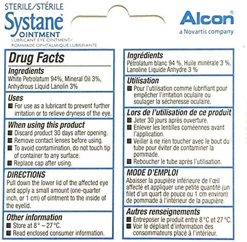 Back of Systane Nighttime Ointment packaging showing drug facts and ingredients