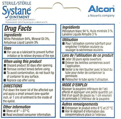 Back of Systane Nighttime Ointment packaging showing drug facts and ingredients