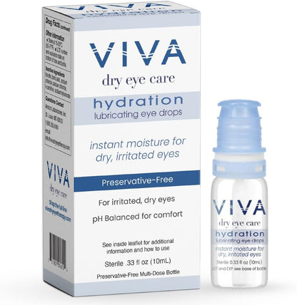 Amcon Viva Hydration Eye Drops front packaging showing preservative-free formula.