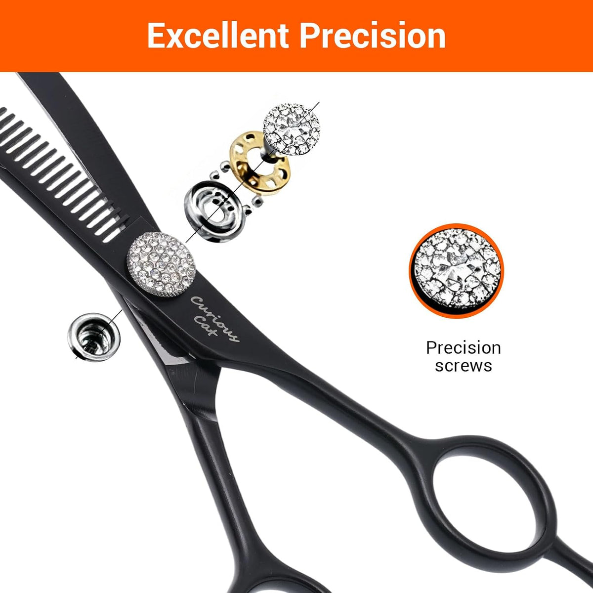 DRGSKL pet grooming shears demonstrating the precise curved angle for trimming dog facial hair.