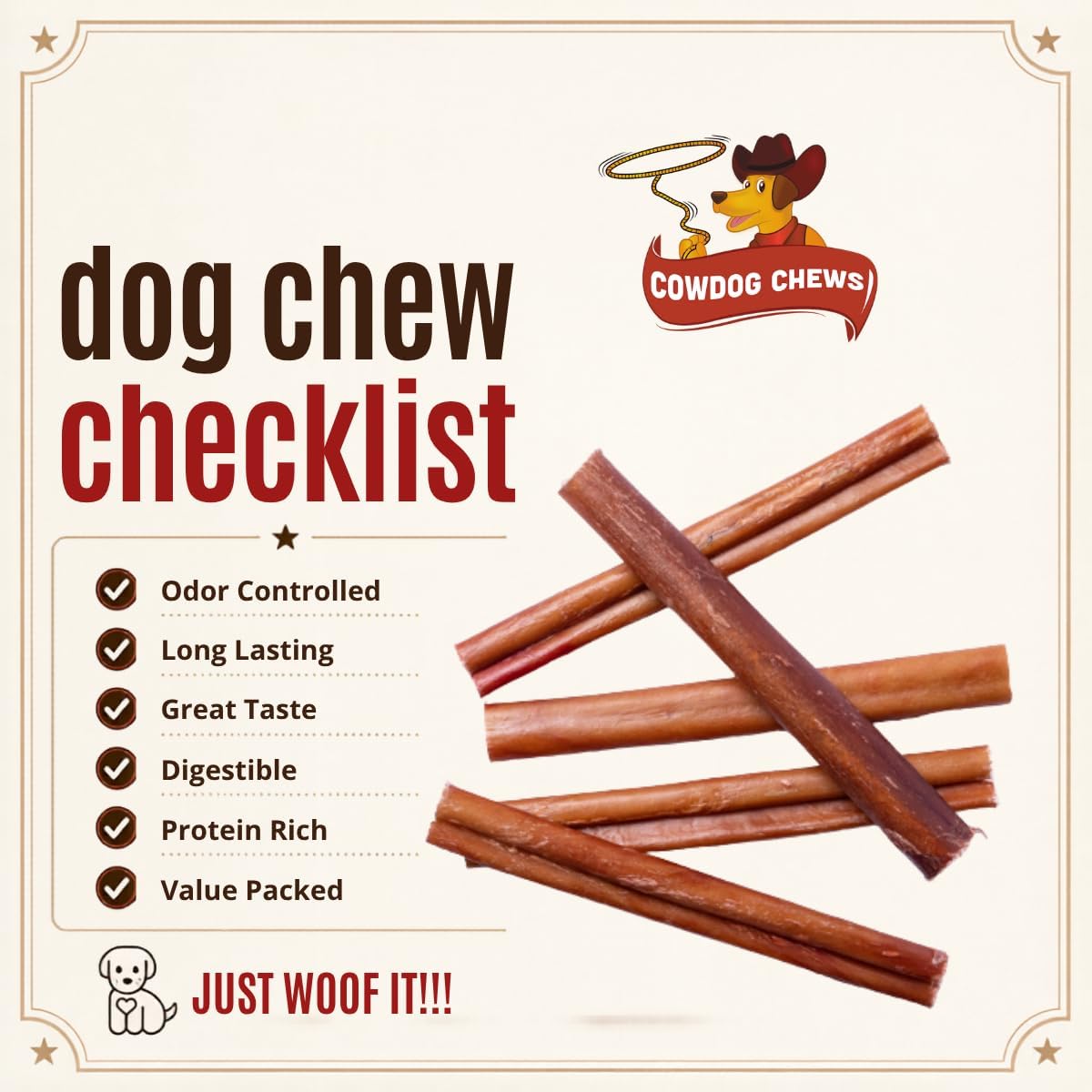 Cowdog Chews ten count pack of long lasting rawhide alternative chews.
