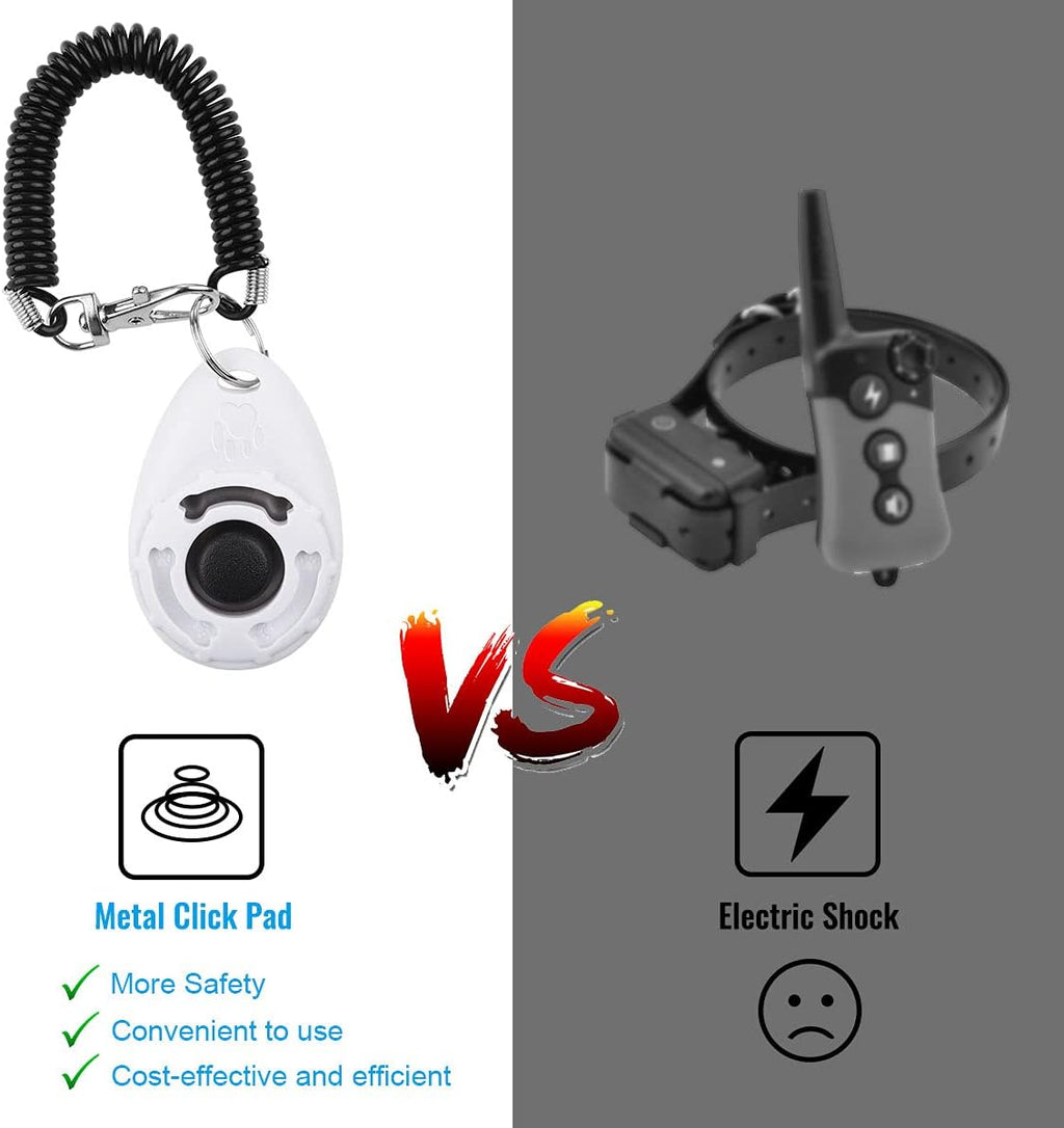 Blue and white pet training clickers with elastic wrist straps for secure handling.