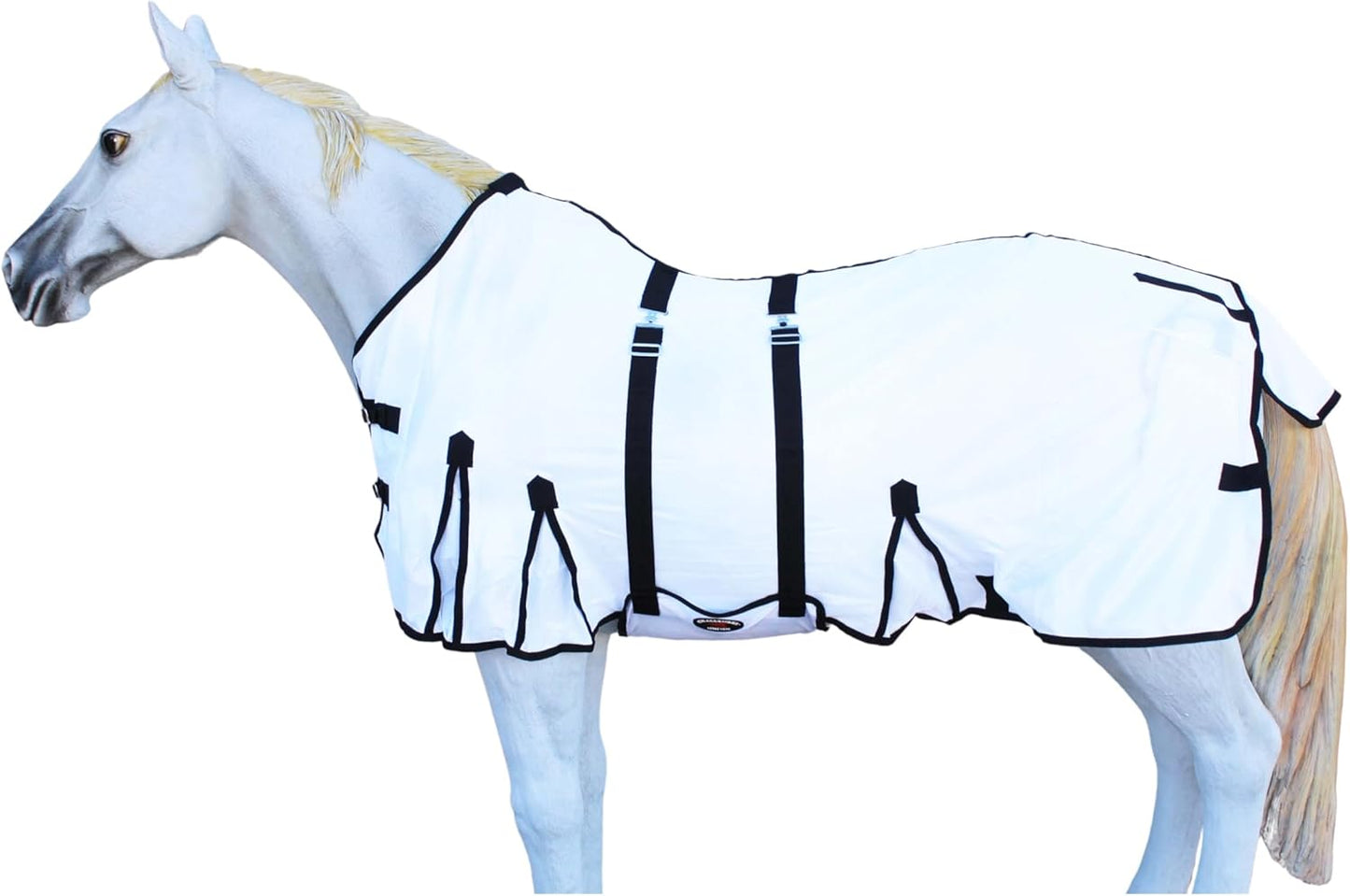 Rear view of the Challenger equestrian fly sheet displaying the protective tail cover and leg straps