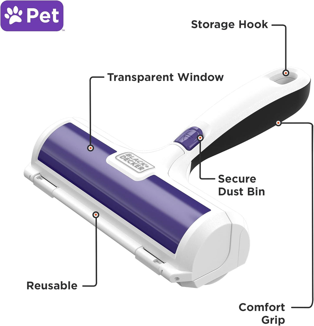 Black+Decker pet hair roller showing the translucent hair collection bin
