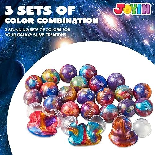 Individual galaxy slime spheres open showing stretchy blue and purple glittery slime textures.