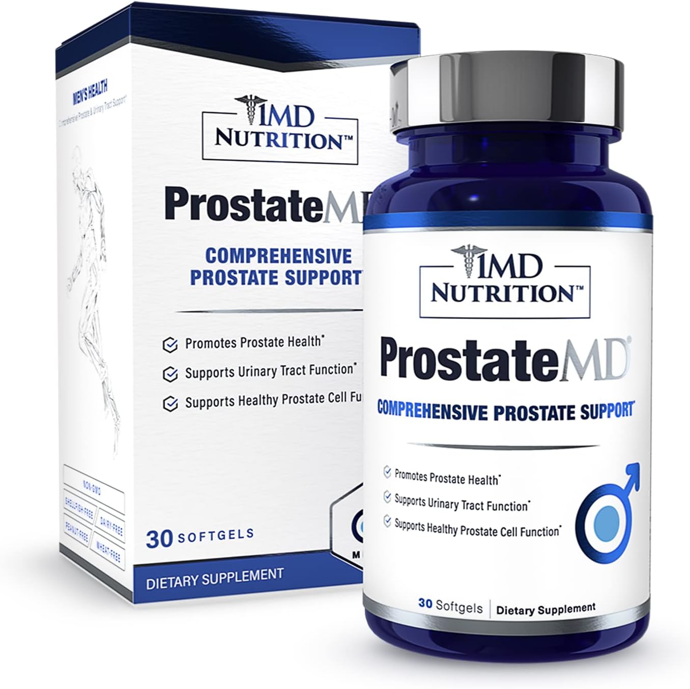 1MD Nutrition ProstateMD 30 softgels front bottle view for authentic men's prostate health support