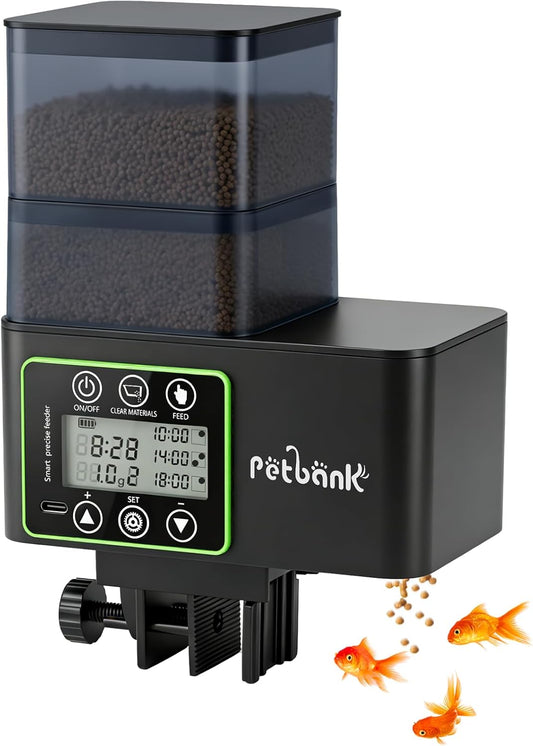 Petbank automatic fish feeder front view displaying digital timer screen