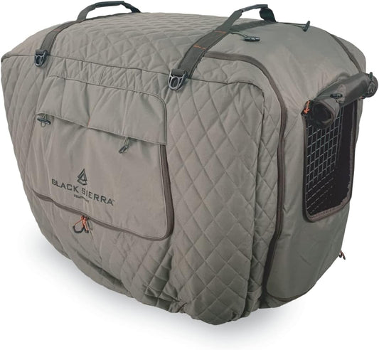Black Sierra Equipment insulated extra large dog kennel cover front view in tan fabric