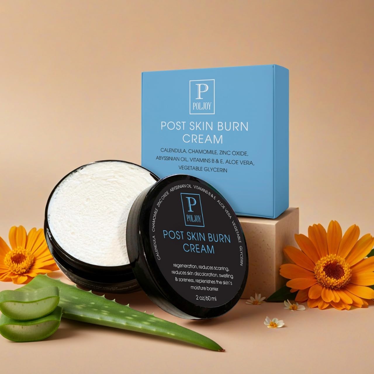 PolJoy Post Skin Burn Cream front view of the 2 ounce jar for first aid.