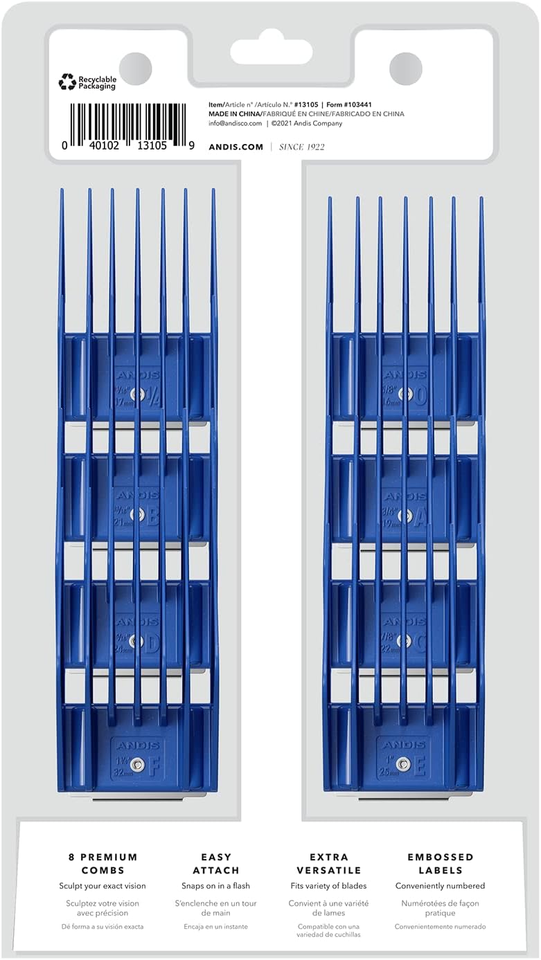 Complete 8 piece large universal grooming comb set arranged in size order from 5 by 8 inch to 1 and 1 by 4 inch.
