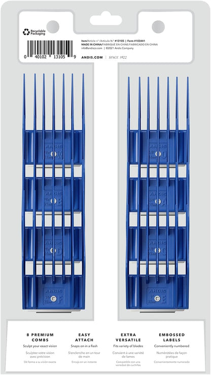 Complete 8 piece large universal grooming comb set arranged in size order from 5 by 8 inch to 1 and 1 by 4 inch.