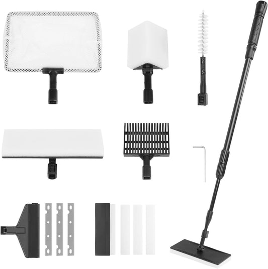 MUGLFPT RUKANG 6 in 1 aquarium cleaning tools kit front view showing adjustable handle and interchangeable heads