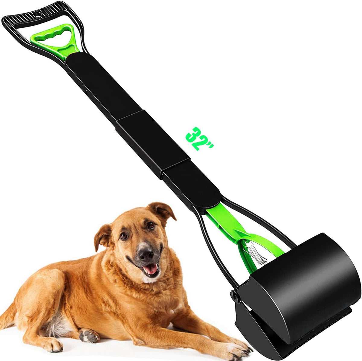 WOILIFE heavy duty dog pooper scooper front view showcasing the green and black long handle design.