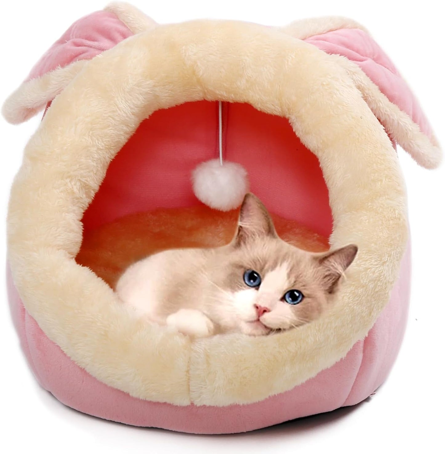Cat Beds for Indoor Cats - Rabbit-Shaped Cat Cave Bed with Hanging Toy,Super Soft Calming Pet Bed for Kitten&Puppy,Small Dog,Warm Plush&Machine Washable&Removable Cotton Pad,cat Hideaway(Grey M) - Image 10