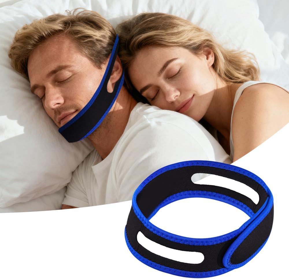 Orimetre Travel Jaw Strap front view showing blue neoprene sleep aid.