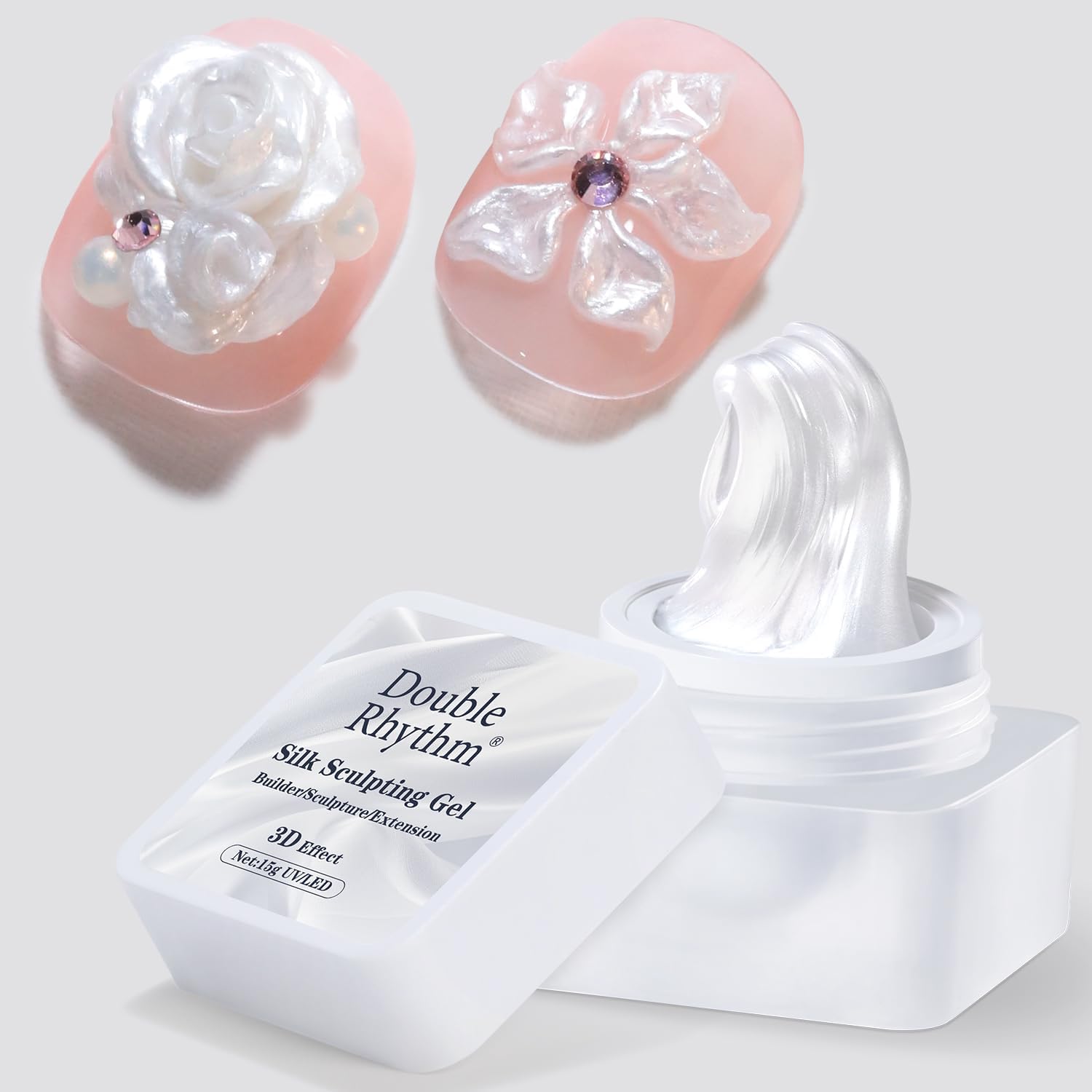 Double Rhythm 3D pearl solid sculpting gel silver silk bottle front view