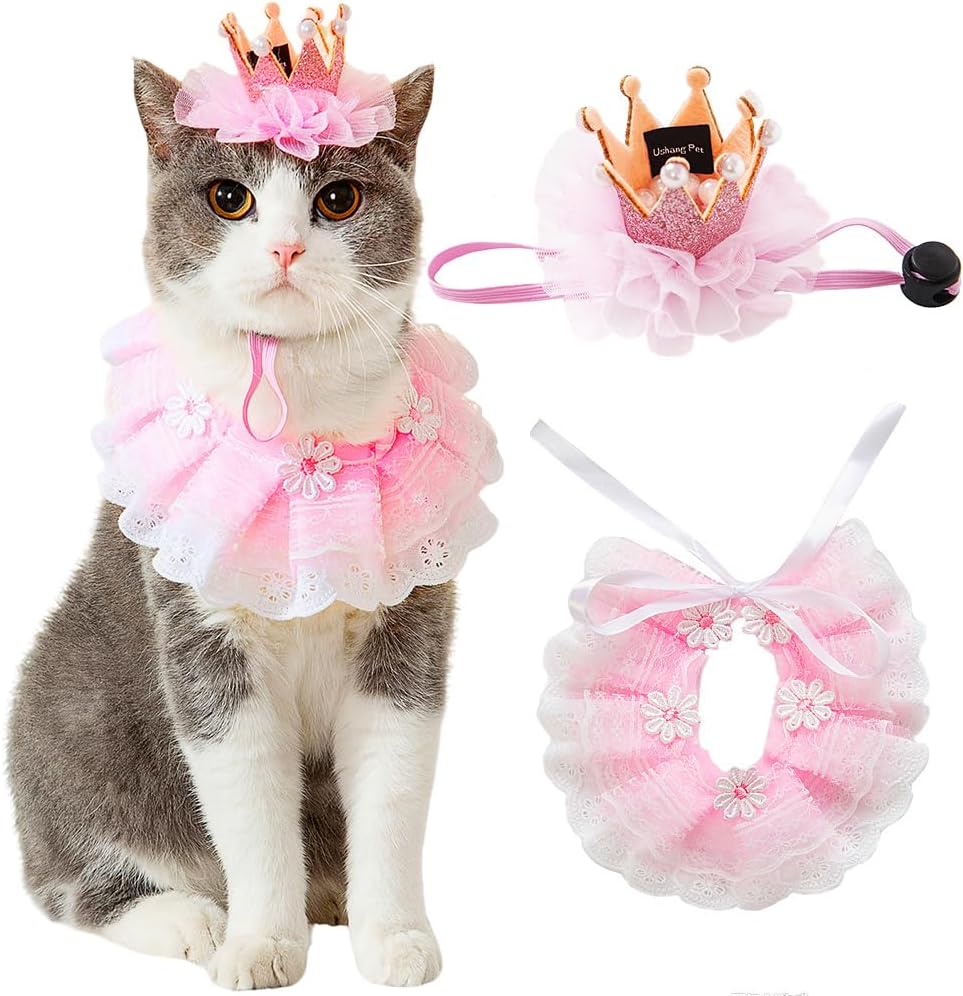 Ushang Pet cat princess costume set featuring pink crown and lace bandana