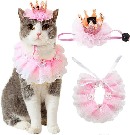 Ushang Pet cat princess costume set featuring pink crown and lace bandana