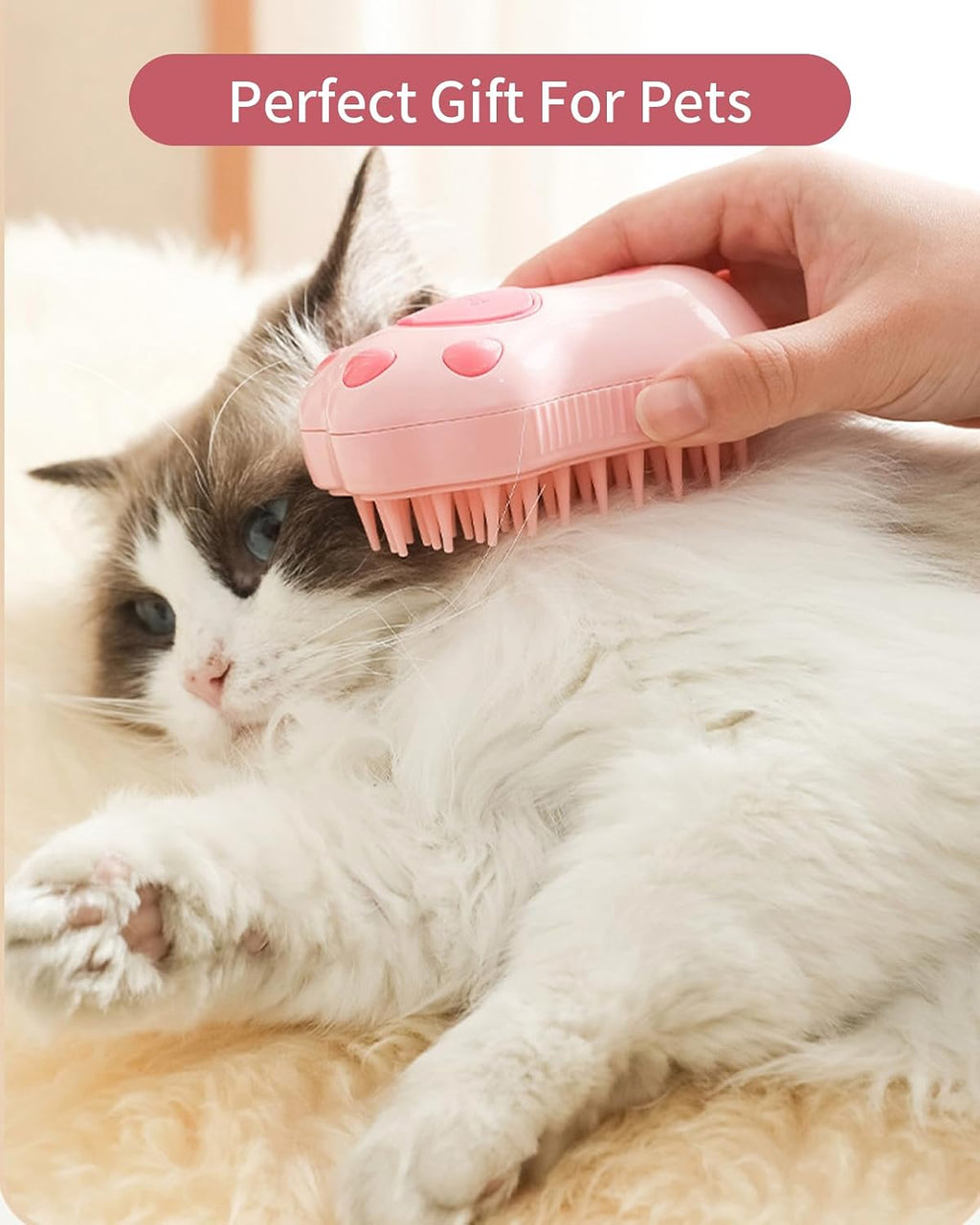 Cat steam brush with water reservoir for mist feature