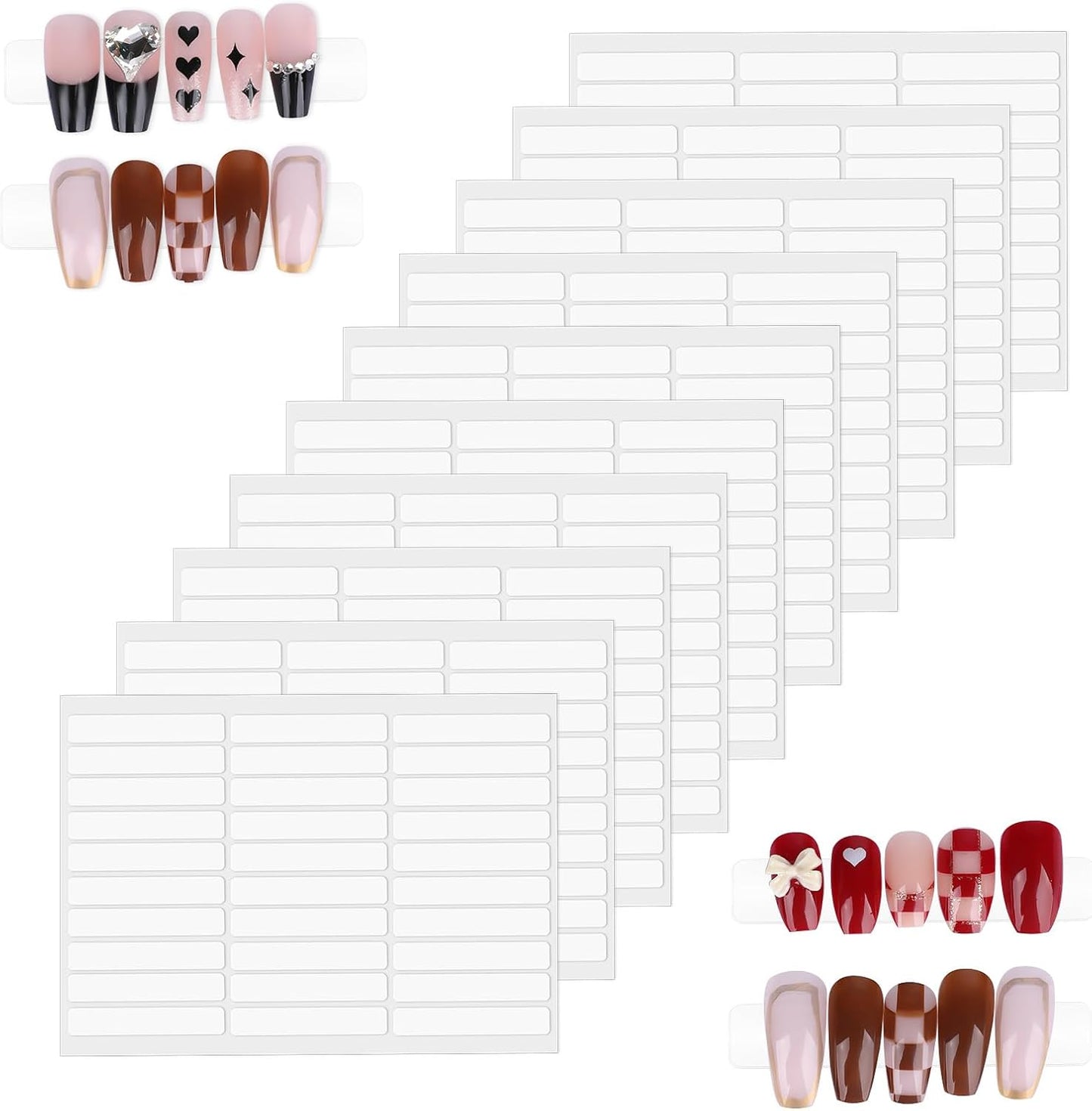 KenzaTraders double sided nail tape adhesive front view showing ten clear sheets for press on nail art displays.