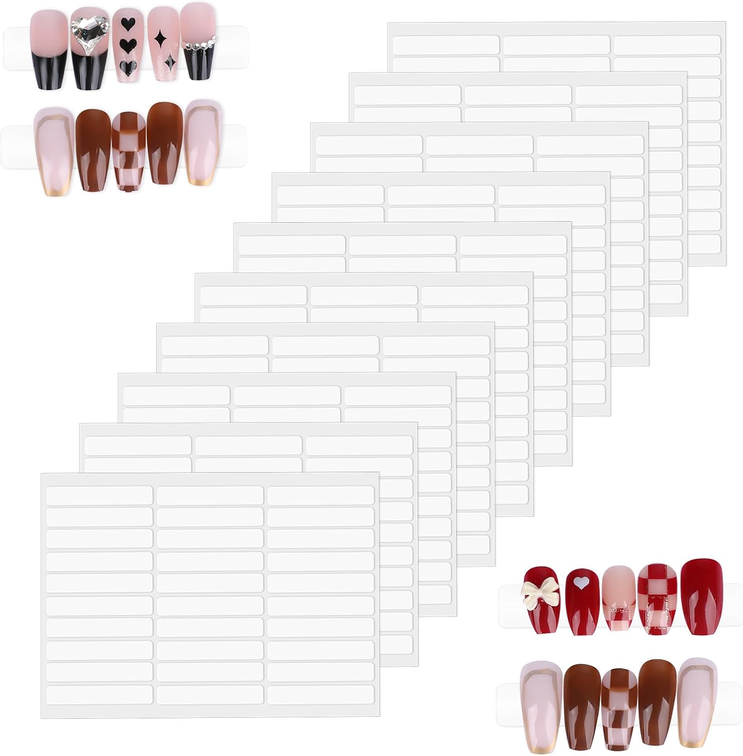 KenzaTraders double sided nail tape adhesive front view showing ten clear sheets for press on nail art displays.